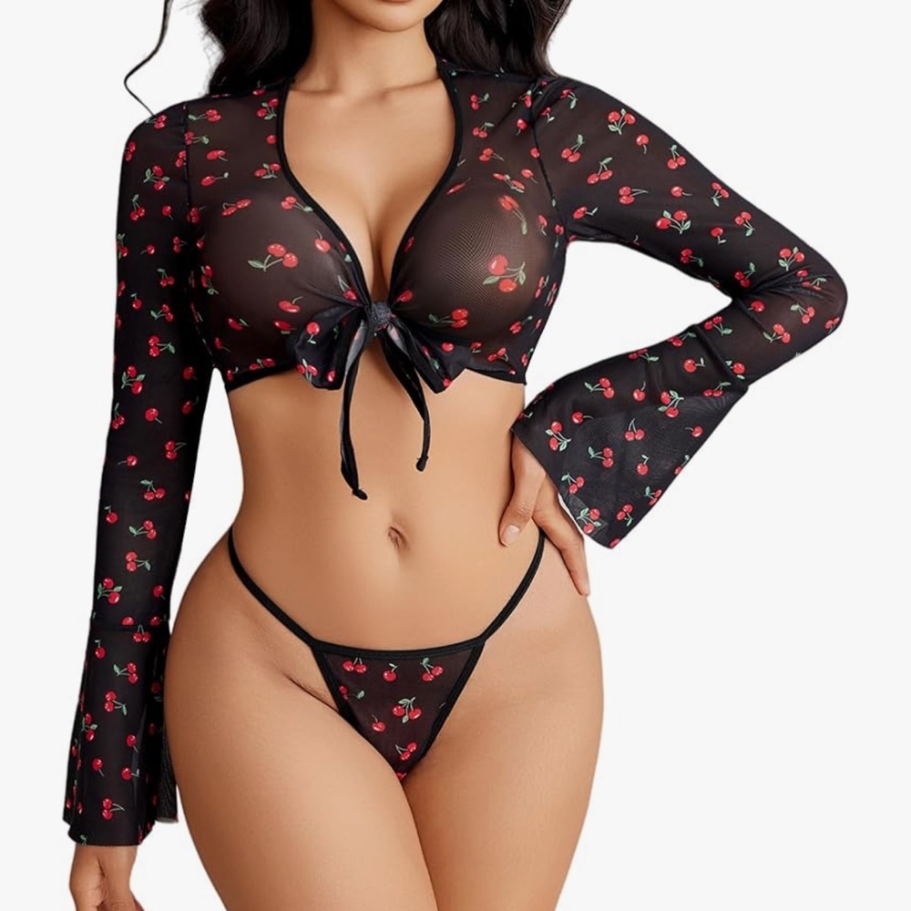 Black and Red Floral Mesh Bra Intimates